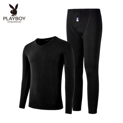 

Playboy Mens Thermal Underwear Set V-neck Basic Thermal Underwear Mens Thick Autumn Clothes Long Pants Set Light Gray V-neck M