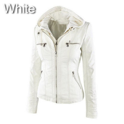 

Womens Leather Jacket Removable Lapel Long-sleeved Solid Color Zipper