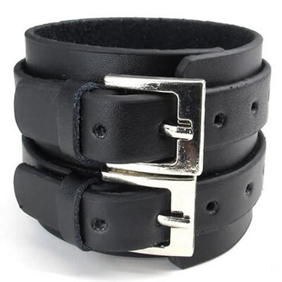 

Hpolw Wide Genuine Leather Mens Bangle Cuff Bracelet, Punk Rock, Fits 7" to 8.5", Black