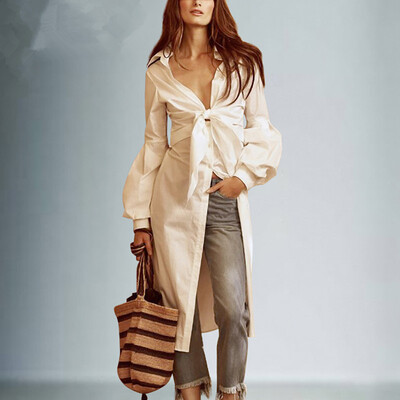 

Bow Long Shirts Female Lace Up Tunic Deep V Necck Lantern Sleeve White Shirt 2018 Spring Sexy Fashion Clothing
