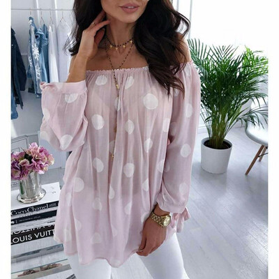 

2018 Autumn Women Sexy Off Shoulder Shirt Casual Long-sleeved Top Ladies Fashion Dot Printing Loose T-shirt Off Shoulder Chiffion