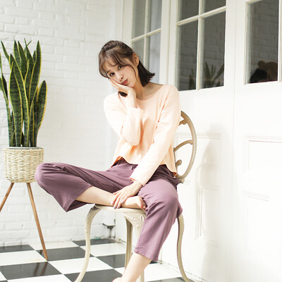 

Haizhining pajamas womens long sleeve suit spring&autumn cotton nine-point sleeve trousers sexy sweet loose autumn winter wearable ladies home service two-piece light orange 170XL