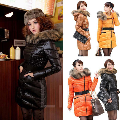 

women winter long hoodie slim down coat warm feather quilted jacket fur collar