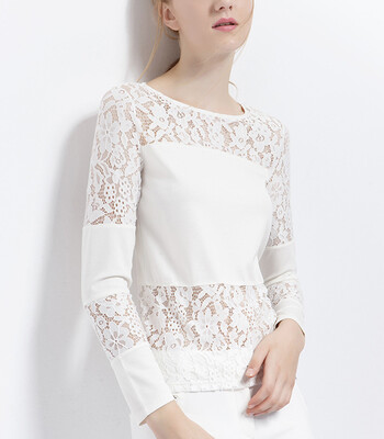 

Canvaus Autumn Winter New Women White Lace Round Neck Long-sleeved Slim T-shirt Tops