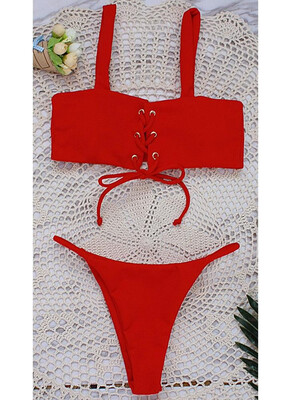 

2018 Women Lace-up Bikini Set Low Waist Solid Color Brief Cut