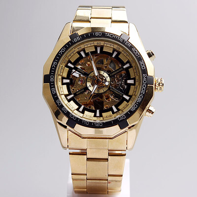 

top Luxury Gold Automatic Mechanical Watches Men Skeleton Stainless Steel Self Wind Wrist Watch Men Hand Clock relogio masculino