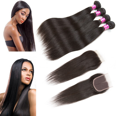 

Glary Malaysian Human Hair 4 Bundles with Closure Remy Straight Weaves 100 8A Unprocessed Virgin Hair Extensions Natural Black