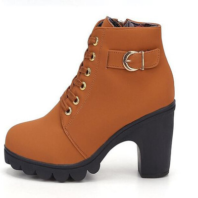 

2018 New Autumn Winter Women Boots High Quality Solid Lace-up European Ladies shoes PU Fashion high heels Boots