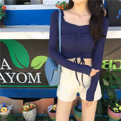 

2018 new arrival spring autumn Korean style pure color square collar drawstring long sleeves short T-shirt