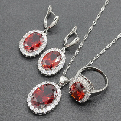 

Oval White Stone Silver Plated Jewelry Sets for Women Necklace Dangle Earrings Ring Six Colors Available Free Jewelry Box