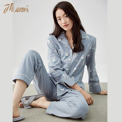 

Top melon melon pajamas women cotton 2018 autumn new cute print sweet comfortable long-sleeved home wearable suit t21093 blue 175