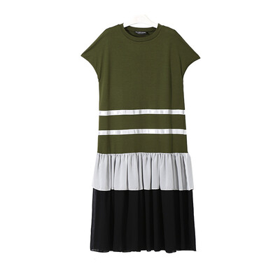

2018 New Arrival Summer Women Fashion Chiffon Striped Patchwork Hit Color Shor Sleeve Long Dress Women