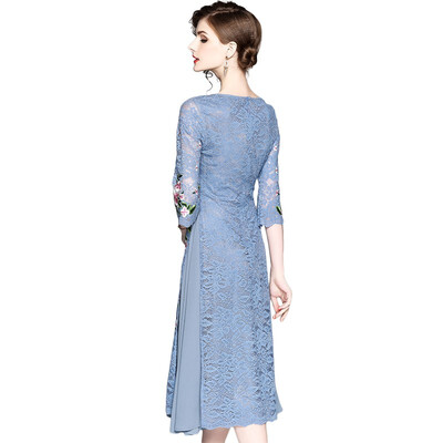 

2018 New Summer V-Neck Casual Blue Lace Half Sleeve Mid-Calf A-line Dress With Prom Embroidery Lace Dress