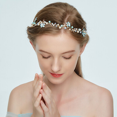 

Jonnafe Women Blue Flower Headband Wedding Hair Vine Pearl Bridal Hair Jewelry Accessories Handmade