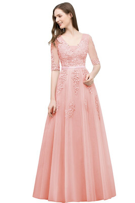 

New Half Sleeves Dust Pink Lace Evening Dresses Backless Applique Long Party Dresses