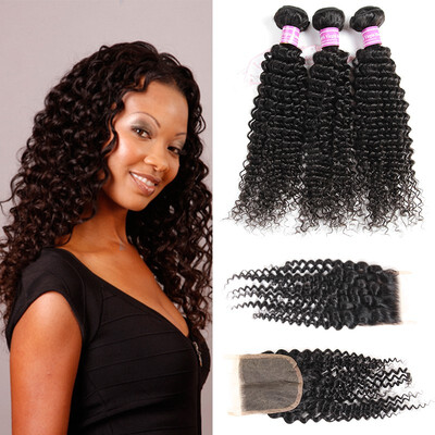 

Fastyle Brazilian Virgin Human Hair Kinky Curly Bundles With Lace Closure 4x4 Free Part Unprocessed Virgin Hair Weave Bun
