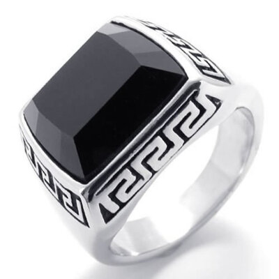 

Hpolw silver Stainless Steel Vintage Fashion Men Ring Jewelry Black Enamel black crystal Ring