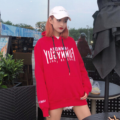 

Yu Zhaolin 2018 autumn&winter new Korean version of the loose lazy wind print jacket hooded wild plus velvet sweater female YWWY188326 red