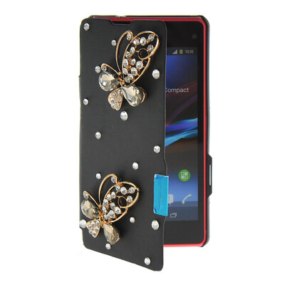 

MOONCASE Rhinestone Crystal Ultre Slim Leather Side Flip Wallet Shell Back ЧЕХОЛ ДЛЯ Sony Xperia Z1 Compact (Mini) Black