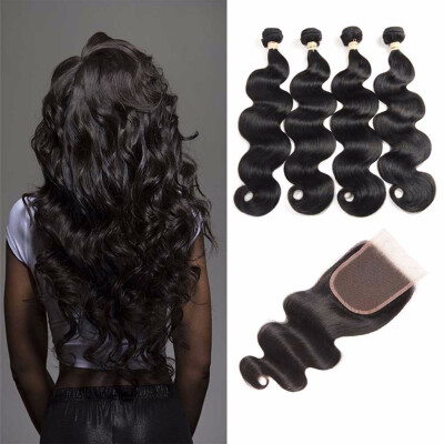 

HCDIVA 4 Bundles with Closure Body Wave Brazilian Hair Weaves Bundles with Closure Middle Part Natural Black No Tangle Free Shipin