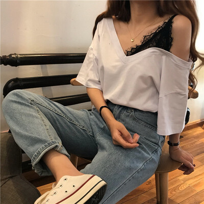 

women wear korean style loosen V neck loosen collar lace side sling short sleeve off shoulder T-shirt
