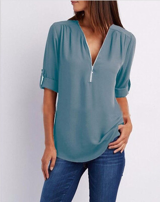 

Plus Size XS-5XL Women Sexy Deep V Neck Chiffon Zipper Shirt Ladies Fashion Casual Long Sleeves Tops Loose Long Shirt Blouse