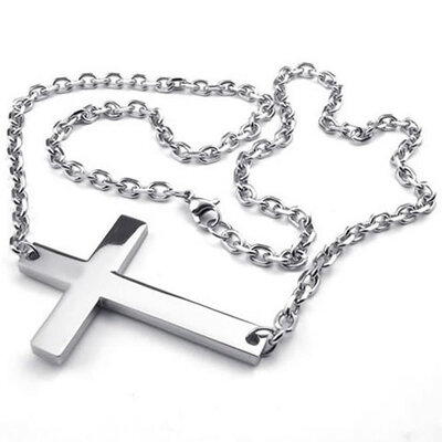 

Hpolw New brand Classic Mens&Womens Stainless Steel 925 Sterling Silver High Horizontal Sideways Cross Pendant Necklace Chain