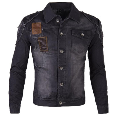 

Zogaa Mens Jeans Jacket Patchwork Leather Fashion Holes
