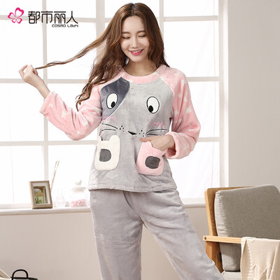 

Urban beauty pajamas female cute cartoon ladies home service autumn&winter warm long sleeve suit coral velvet pajamas 1H7108 light pink M