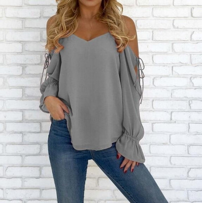 

Spring&Summer Women Sexy Deep V-Neck Shirt Casual Long Sleeve Top Ladies Fashion Loose T-Shirts Off Shoulder Chiffon