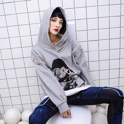 

2018 Hip-Hop Womens Fake Two Pieces Mid-Long Tide Brand Tops Hole Hoodies Plus Size Hooded Sweatshirts Women
