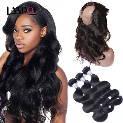 

8A 360 Lace Frontal Closures With 3 Bundles Peruvian Body Wave Virgin Human Hair Weave 4Pcs Lot Natural Black Remy Hair Extensions