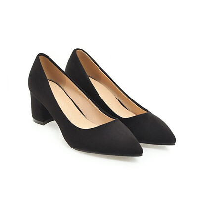 

IDIFU Womens Trendy Faux Suede Pointed Toe Low Cut OL Work Shoes Block Medium Heel Slip on Pump