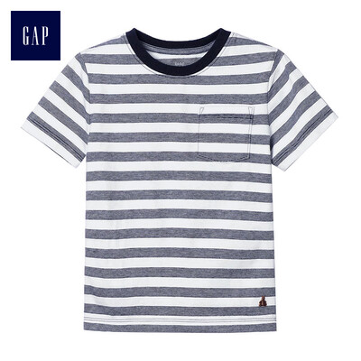 

GAP flagship store Brenner bear embroidery comfortable cotton striped pocket short sleeve basic t-shirt 249899 blue 90cm 18-24