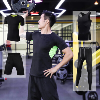 

Fan Dimu workout clothes sports suit four-piece fitness clothes tight compression clothing men&women training running clothes FNZ9001-mesh green - short-sleeved four-piece set -XL