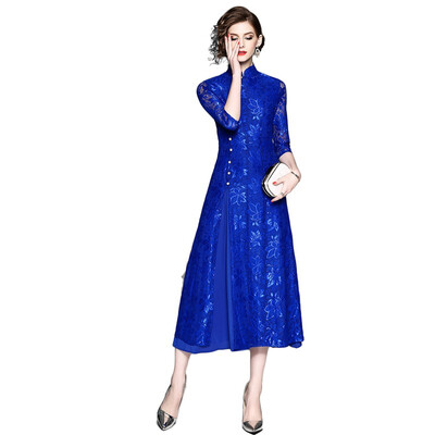 

2018 New Spring Solid Blue A-Line Half Sleeve Mid-Calf Mandarin Collar Women Midi Dress High Quality Lace Dress