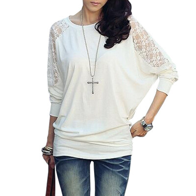 

CT&HF Women Casual Bat Sleeves Cotton and Lace Splicing T-Shirt