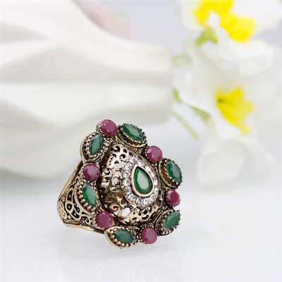 

Vintage Turkish Women Heart Wedding Rings Antique Gold Color Resin Indian Ethnic Water Drop Crystal Big Ring Jewelry Wholesale