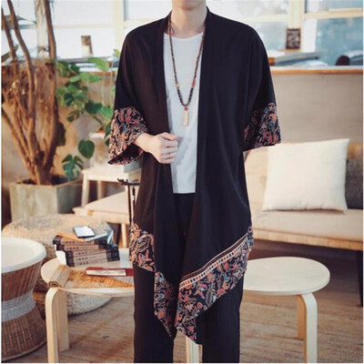 

Men Spring Summer Cotton Linen Long Cardigan Trench Coat Outerwear Men Fashion Casual Loose Thin Kimono Jacket Overcoat