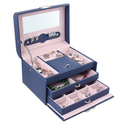 

Ravi European Princess princess leather pattern blue jewelry box with a lock with a mirror jewelry storage box