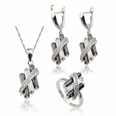 

Geometry Black&White Stone Silver Plated Bridal Jewelry Sets for Women wedding Choker Dangle Earrings Ring Free Gift Box
