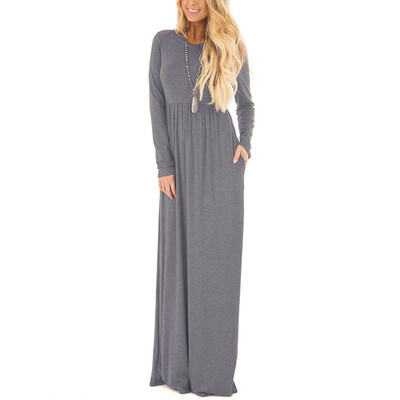 

Ruiyige 2018 spring Women Vintage Solid Full Sleeve O-Neck Tunic Elastic Long Maxi Dresses With Pockets Feminino Elegant Robes