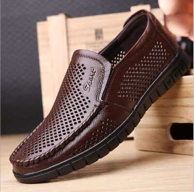 

Mens breathable leather sandals leisure summer hollow mesh cool shoes