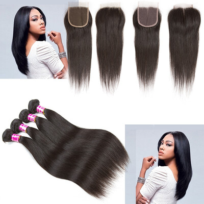 

Glary Indian Human Hair 4 Bundles with Closure Silky Straight Weaves 100 8A Unprocessed Virgin Hair Extensions Natural Black