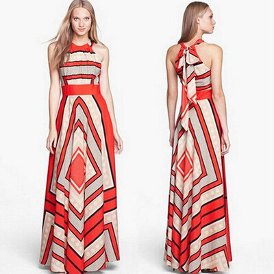

Lovaru ™New 2015 Summer Style Women Green Red Striped Print Maxi Dress Sleeveless O-neck Off the Shoulder Sexy Beach Long Dress