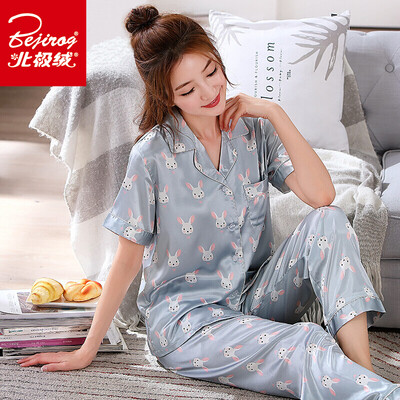 

Arctic velvet pajamas womens spinning silk home service youth Korean short-sleeved pajamas women pajamas temperament ladies home service suit blue gray rabbit