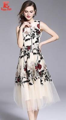 

S M L XL XXL new summer 2018 women long dress sleeveless beige flower embroidery elegant office lady mid calf slim a line