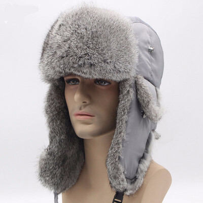 

Bomber Trapper Hats Thick Winter Warm Rabbit Fur Hat Rex Snow Caps Ear Flap Caps ushanka Russian For Men