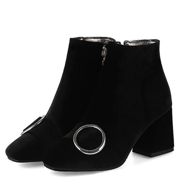 

IDIFU Womens Elegant Buckle Strap Block Medium Heel Ankle Booties Square Toe Velvet Side Zipper Short Boots