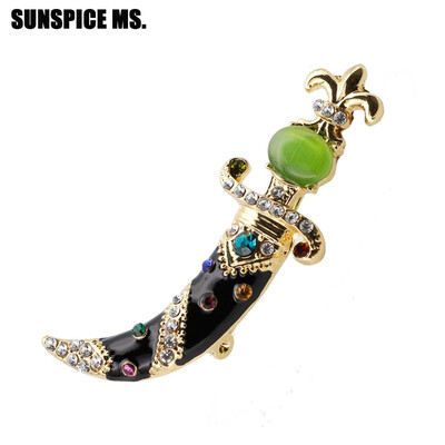 

Vintage Persian Machete Brooch Pins Mount Natural Stones Women Ethnic Enamel Arabia Knife Brooches Color Crystal Festival Gifts